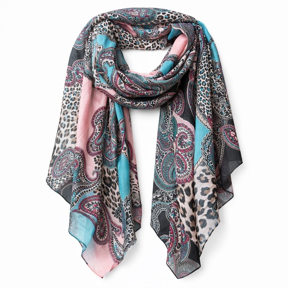 Accessories - Paisley & Leopard Print Lightweight Scarf | Teal Pink Black | Large Square
